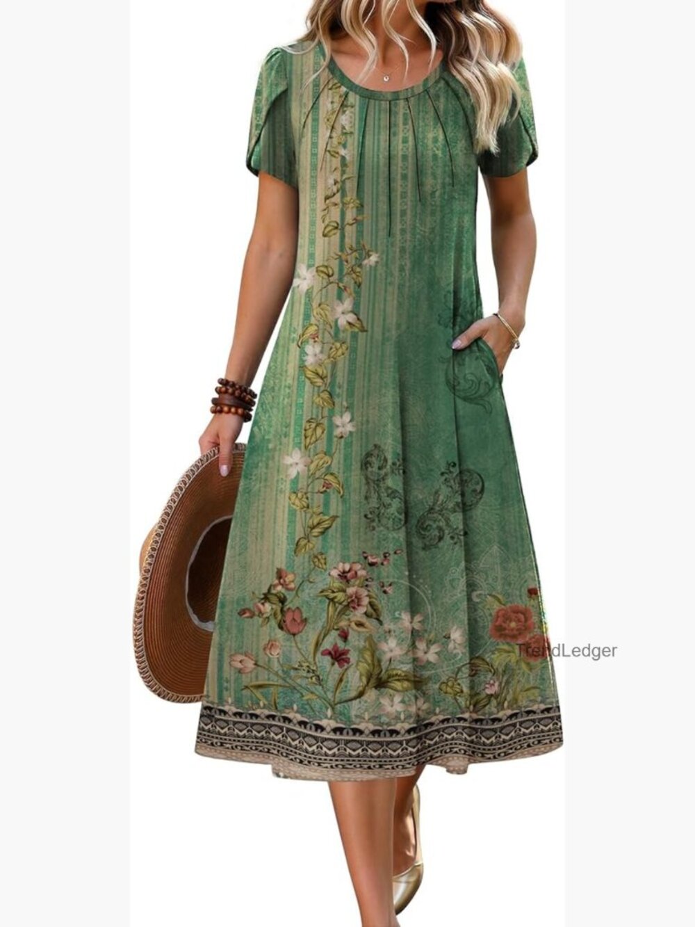 Casual Summer Dress Petal Short Sleeve Pleated Midi A-Line Flowy Boho Sundress